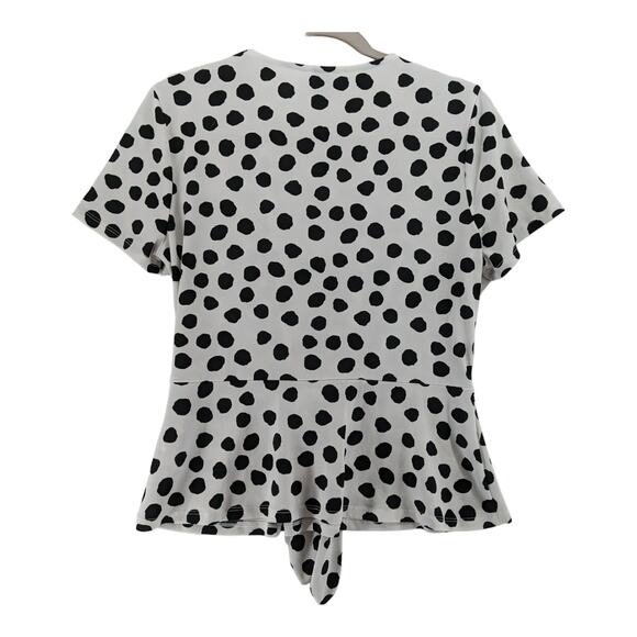 Anne Klein Polka Dot Print Blouse Medium Black White‎ Front Tie Top Short Sleeve - Picture 2 of 11